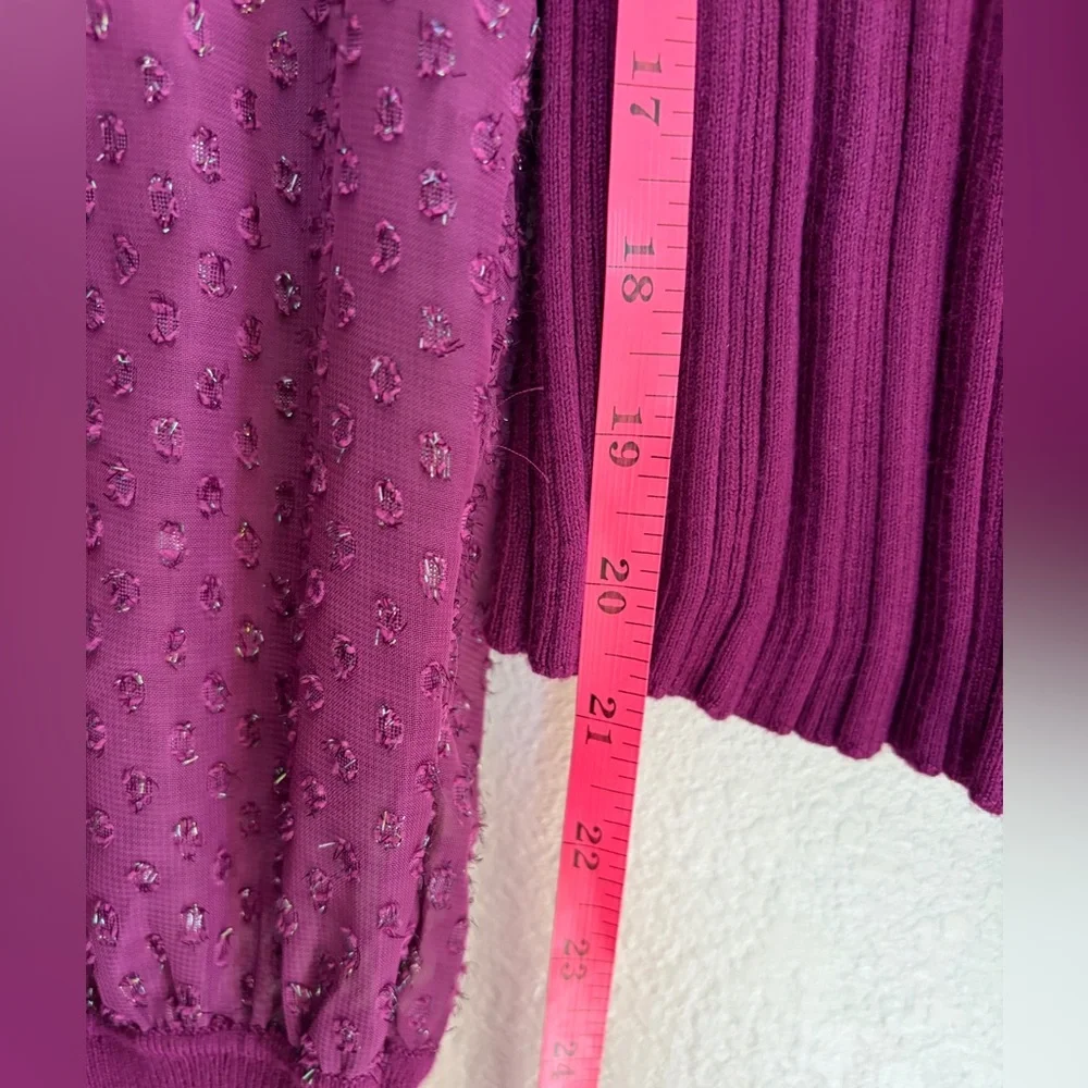 Anthropologie Puff-Sleeve Shimmer Plum Ribbed Knit Top Sheer Puff Sleeves Boho S